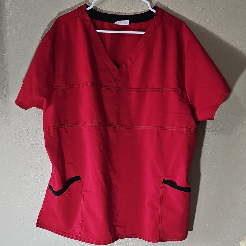 1k Scrubstar Red V-Neck Medical Scrub Top with Contrast Trim